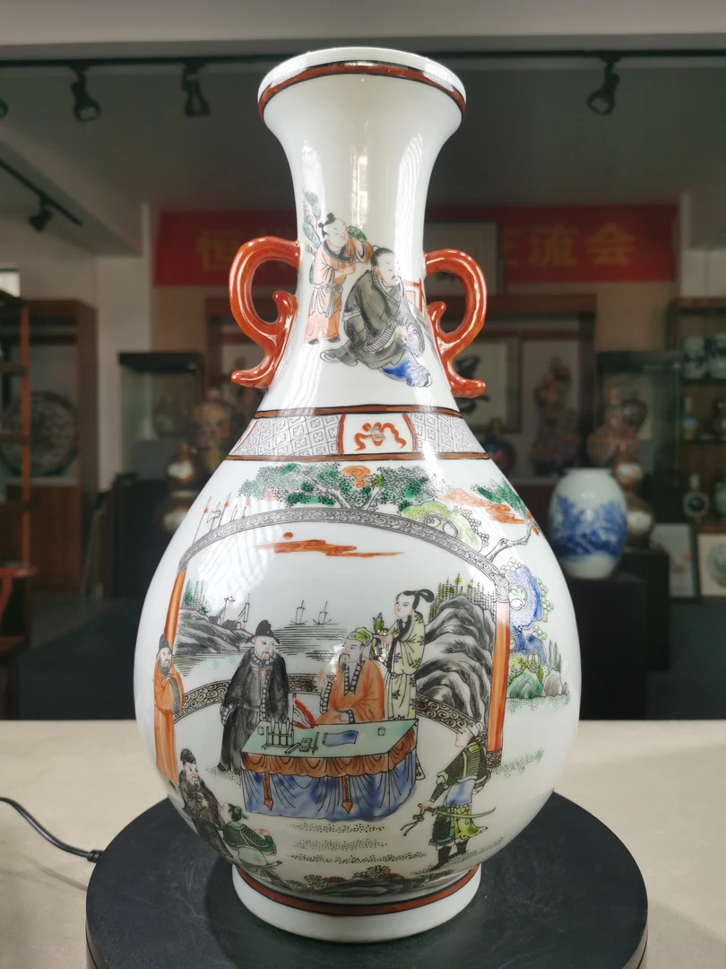 中式橘皮釉玉壶春瓶手工绘画圣迹图景德镇陶瓷花瓶家居装饰摆件
