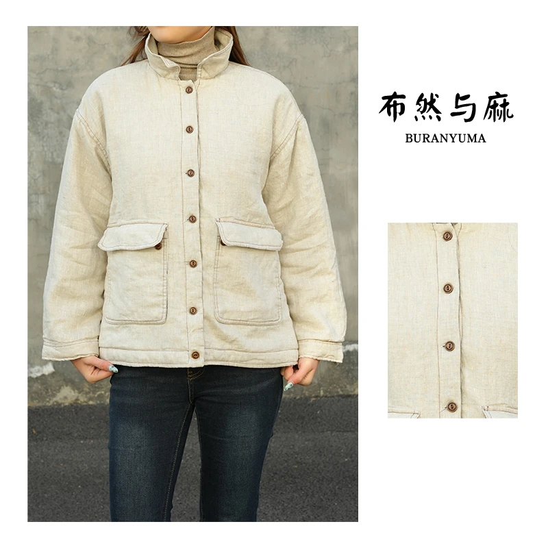 BRCP/布然初品冬季女士亚麻夹克棉衣小翻领纯色大口袋棉服156