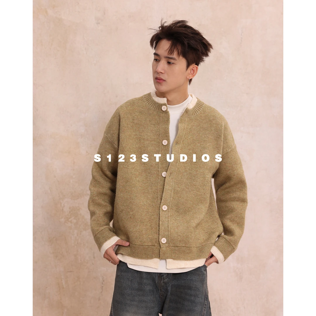 聪明陈秋冬新款 美式休闲立领撞色假两件连帽针织衫男宽松毛衣开