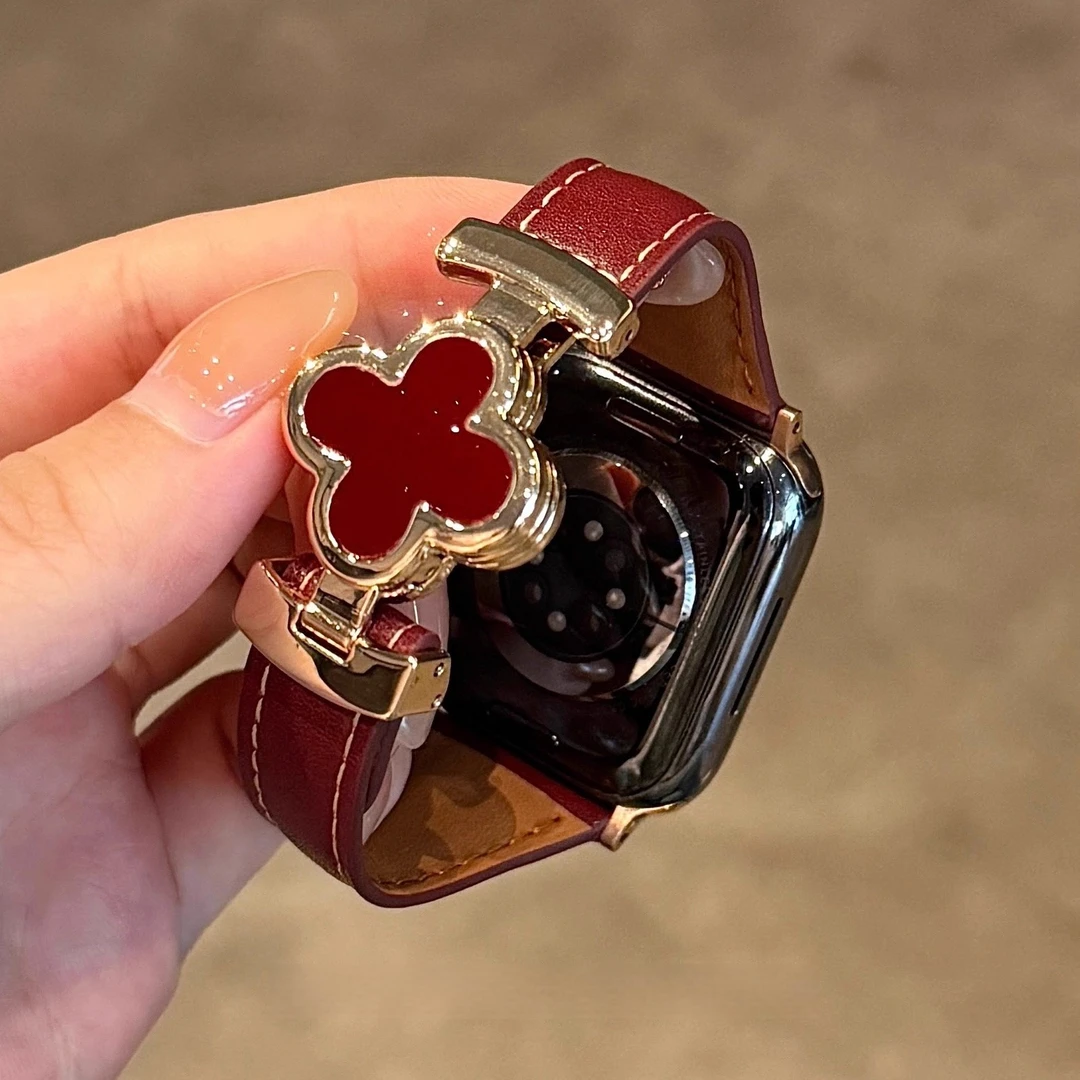 四叶草磁吸扣皮质苹果表带适用iwatchS11女士S10显白ultra3腕带SE