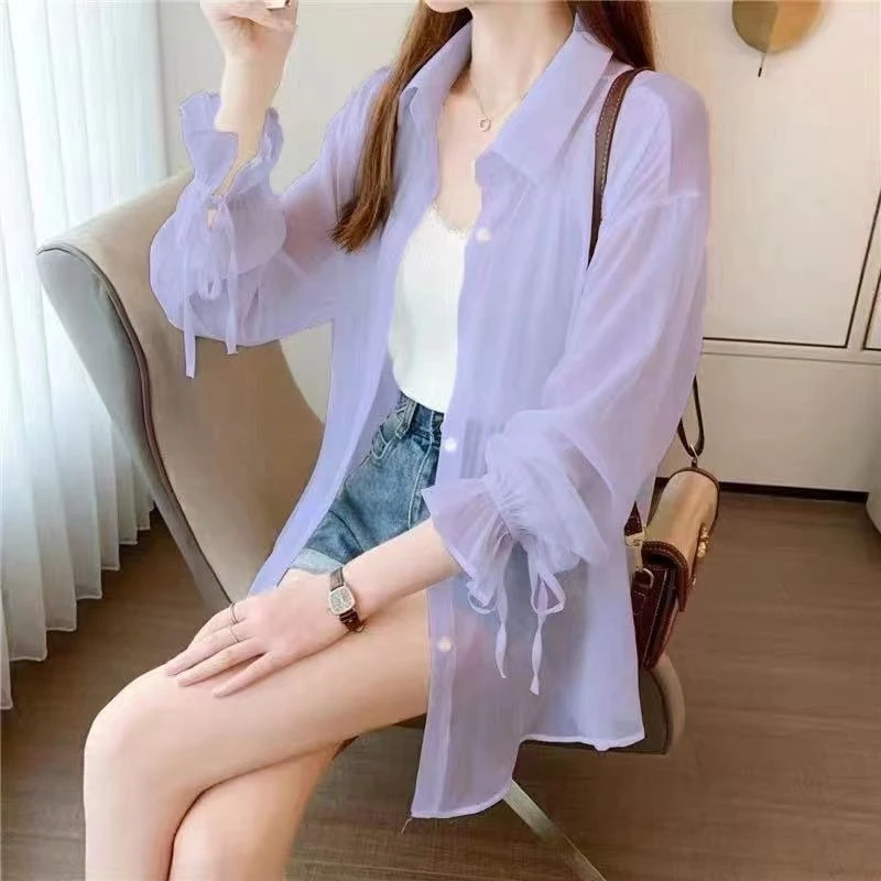 2025新款雪纺防晒衣女外穿薄款夏季外搭开衫蝴蝶结长袖休闲防晒衣