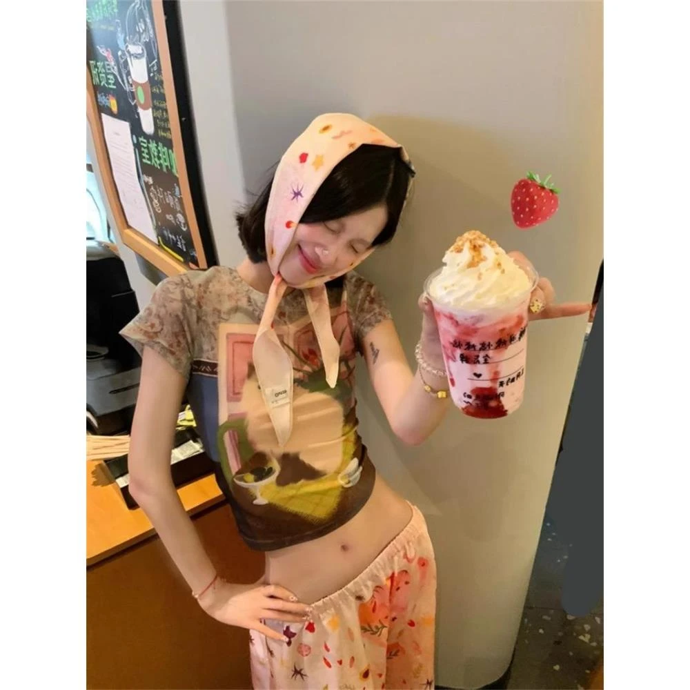 美式复古辣妹风字母印花短袖T恤女2025夏季修身显瘦猫咪可爱上衣