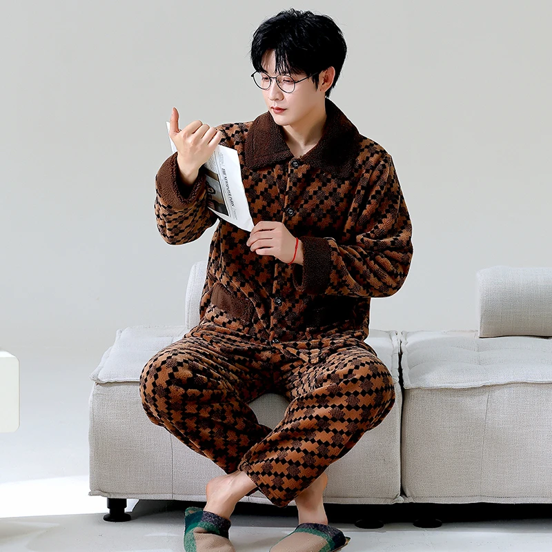 秋冬季珊瑚绒睡衣男冬加厚加绒家居服2024年新款法兰绒春秋天套装