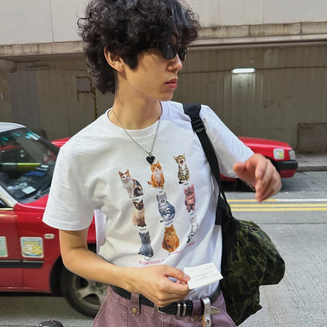 mcmxciii吂司其 趣味情绪小猫数码直喷印花正肩短袖T恤