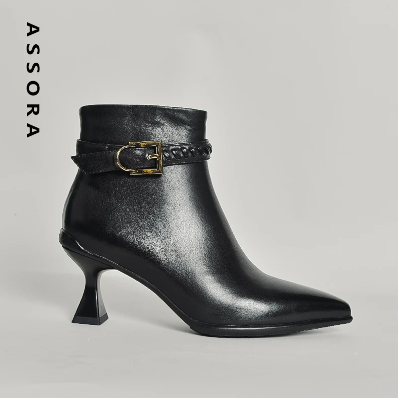 【ASSORA】2025新款头层牛皮尖头高跟短靴女秋季法式冬季真皮女靴子