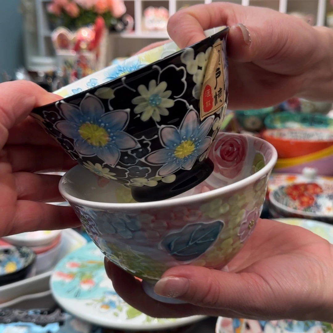 瓷片濑户烧新品抹茶饭碗2只，墨韵，玫瑰