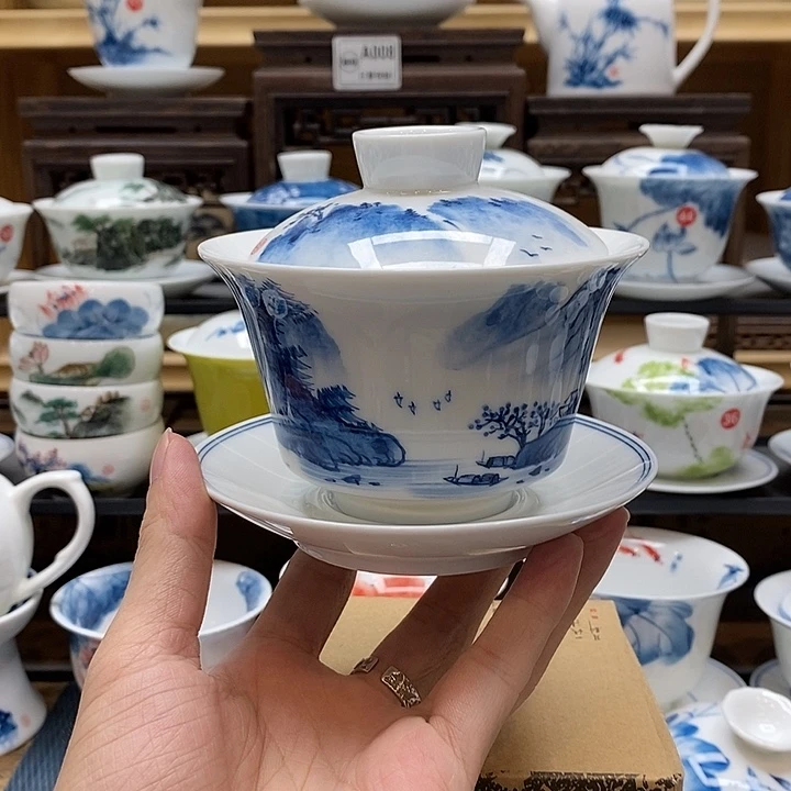 手绘烟雨江南盖碗220cc釉下彩微瑕福利款