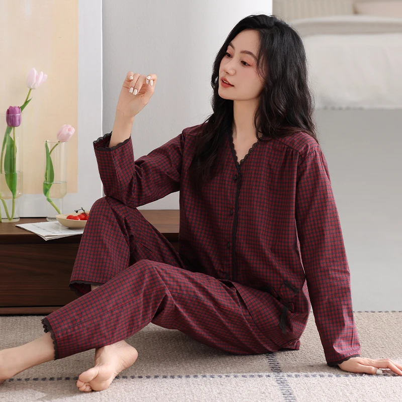 梭织带胸垫睡衣女春秋季长袖纯棉薄款中年妈妈蕾丝V 领家居服套装