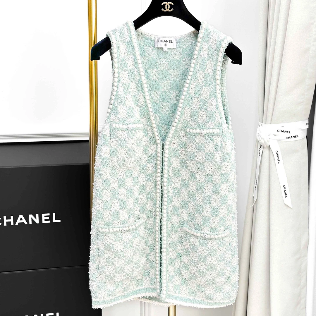 99新 Chanel/香奈儿 36码 绿色拼白色 菱格纹 无袖 编织 马甲