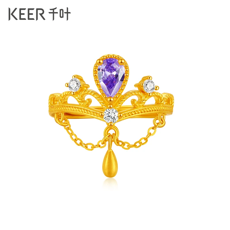 千叶珠宝足金合成立方氧化锆戒指 复古奢华古法金计价39900039493