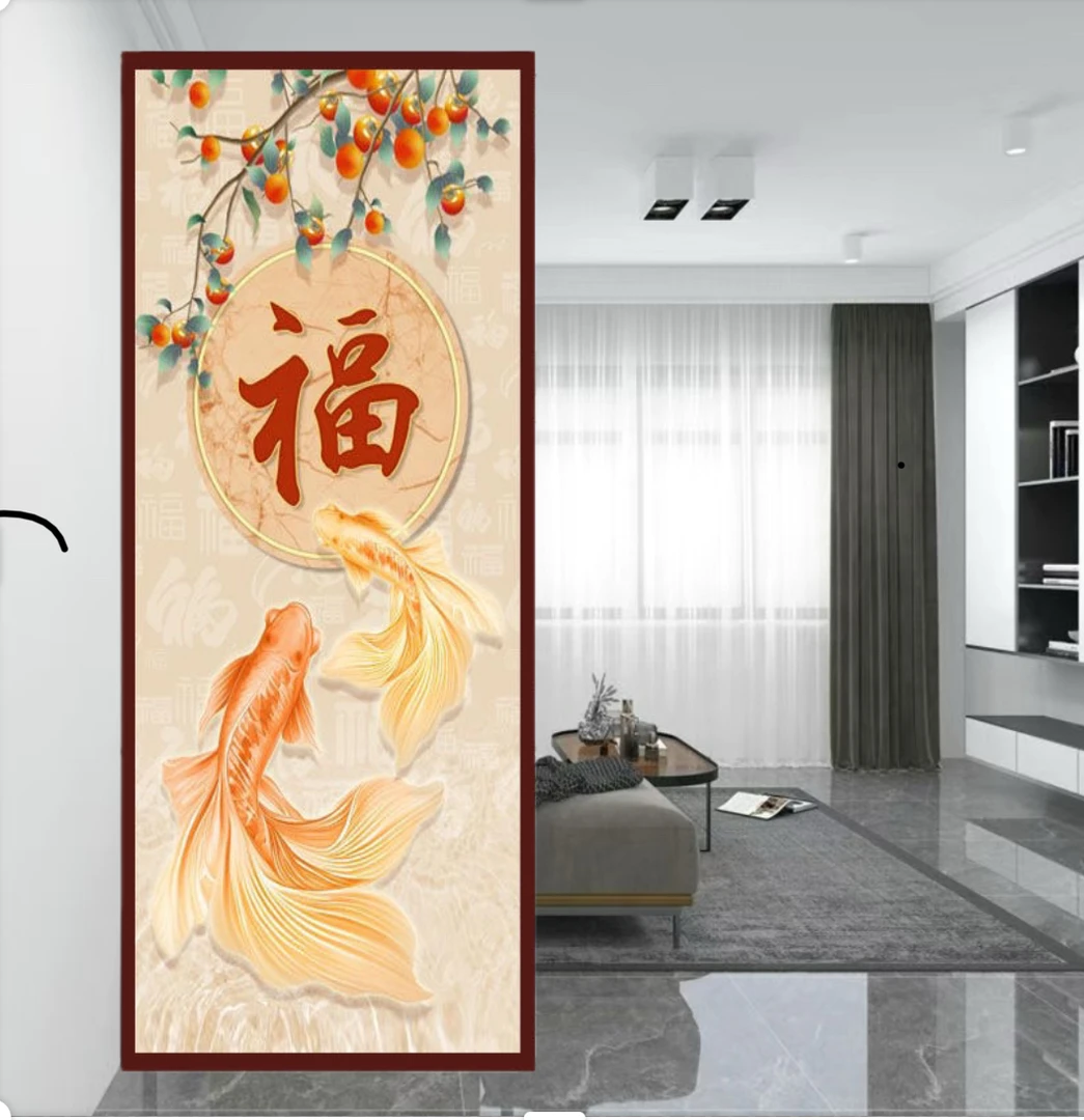 福字锦鲤新中式客厅玄关入户门正对墙玻璃屏风隔断工艺福气招财猫
