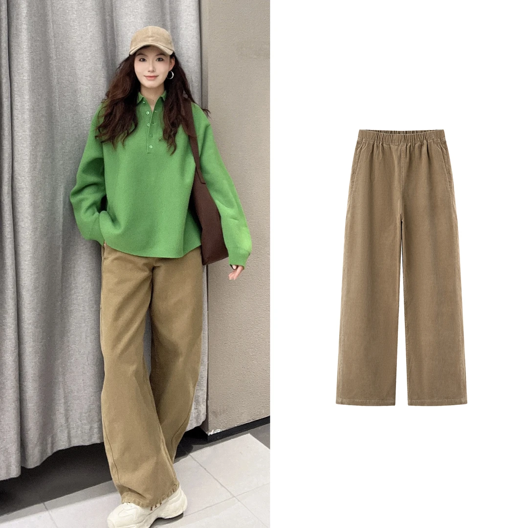 【】秋新品卡其色松紧腰灯芯绒宽松直筒休闲裤九分裤女流光风
