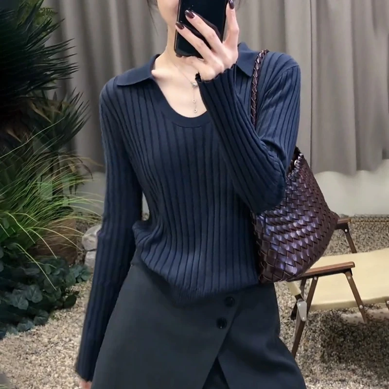 慵懒风条纹针织衫女2025秋季新款高级感修身显瘦打底长袖v领上衣