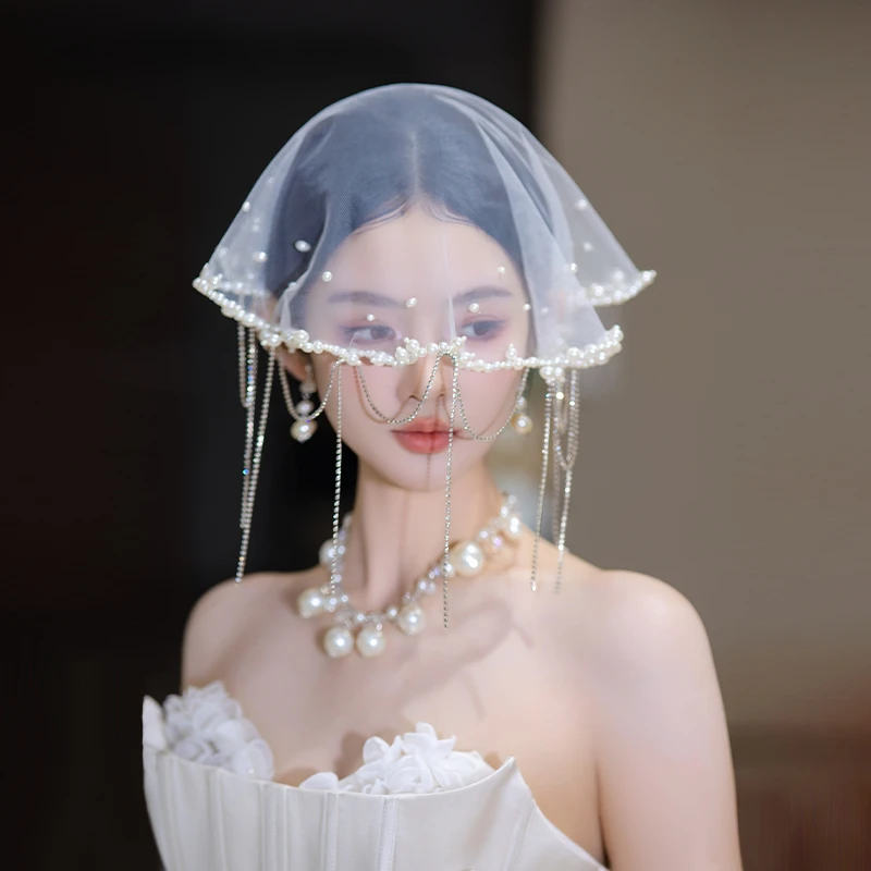 非金属布艺婚庆饰品 法式新娘遮面气质珍珠小众高级感小头纱D0543