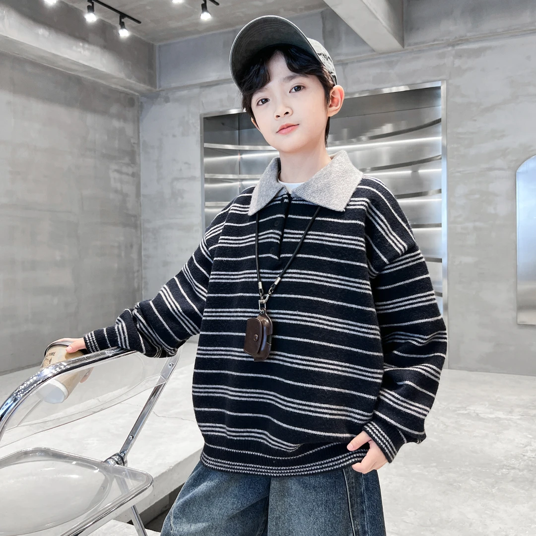 男童毛衣春秋款2025新款秋冬季POLO衫中大儿童男孩秋装条纹针织衫