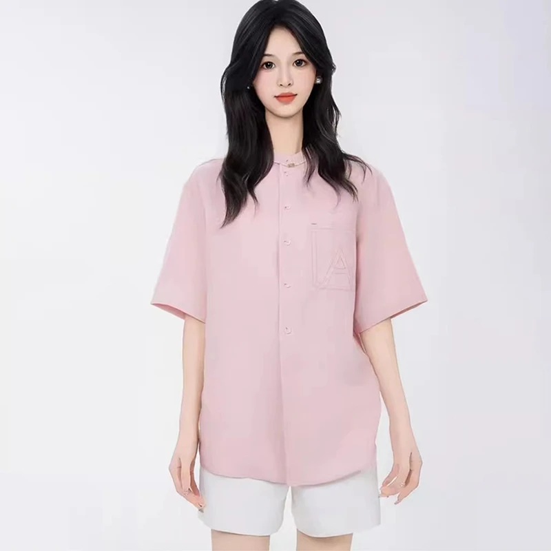 商城同款2025春夏新款女装复古宽松亚麻圆领半袖衬衫上衣女530003