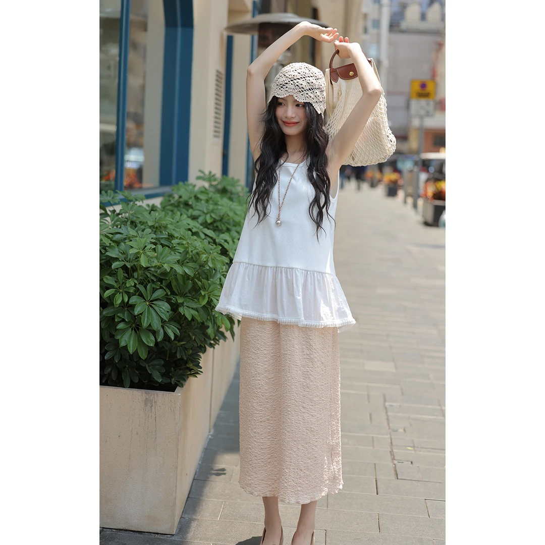 觅定拼接白色背心女夏季外穿设计感辣妹无袖上衣小个子WS52965