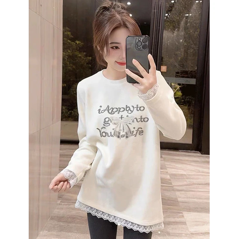 搭配鲨鱼裤磨毛长袖t恤女2025新款爆款花边宽松中长款打底衫上衣