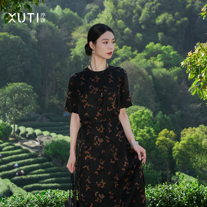 序缇新款夏季国复古风新中式女装桑蚕丝连衣裙S06-10980