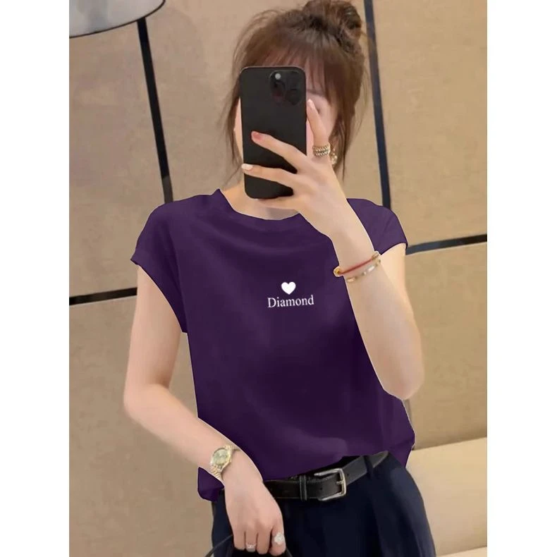 小飞袖正肩纯棉圆领短袖t恤女2025新款时尚百搭显瘦上衣春夏秋季