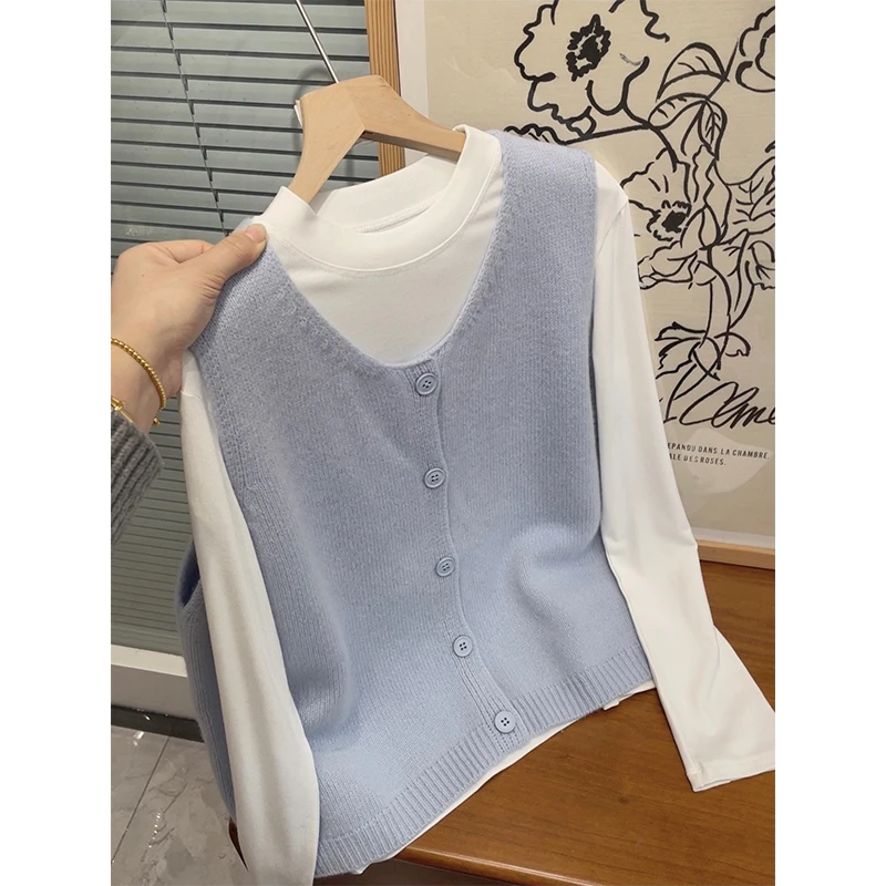 法式复古无袖纯色针织马甲女宽松百搭时尚毛衣上衣女
