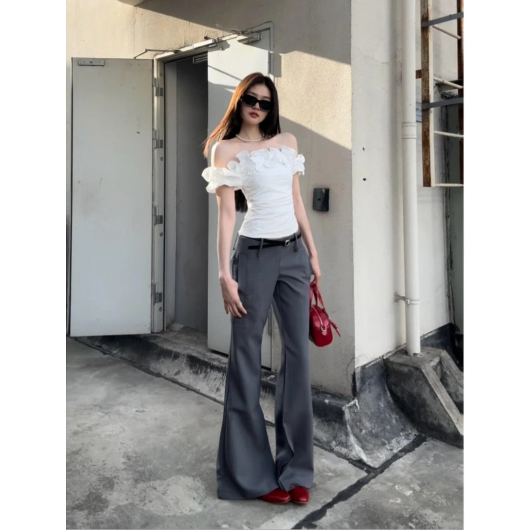 荷叶边一字肩收腰白色提花上衣女夏季新款百搭设计感小众纯欲衬衫