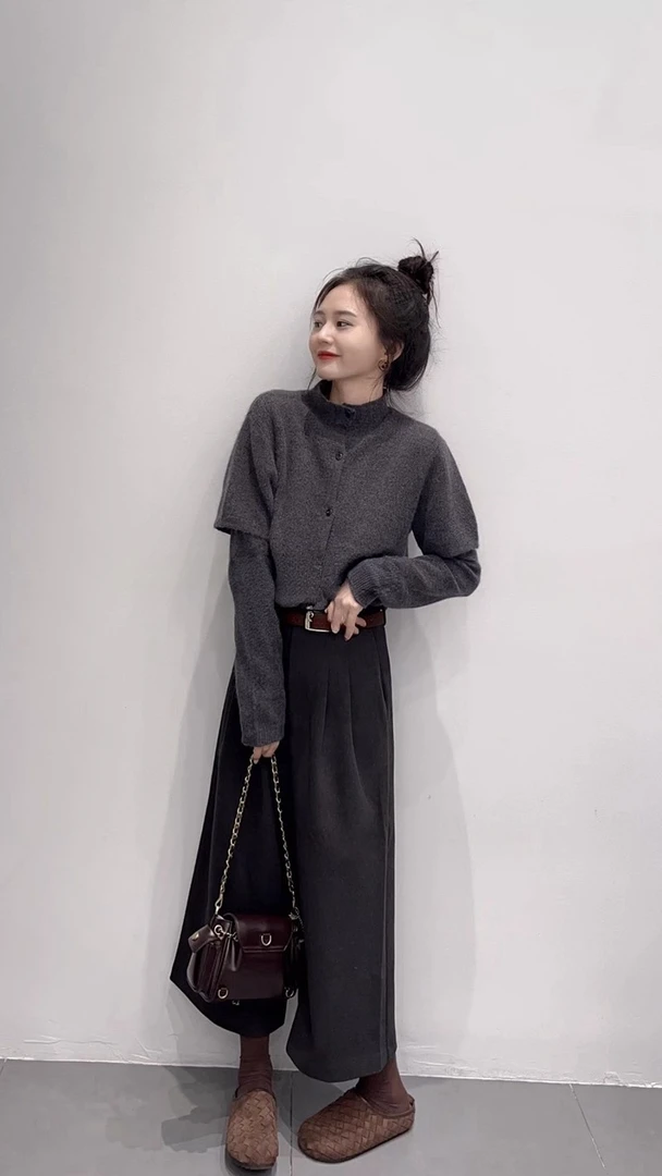 韩系春秋季ootd穿搭一整套小香风灰色毛衣针织衫叠穿阔腿裤两件套