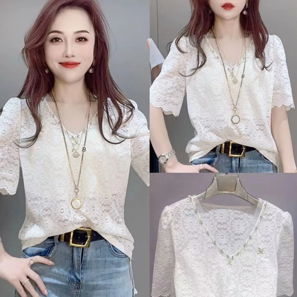 2025夏季短袖国风蕾丝夏季衬衫显瘦洋气新款时尚百搭简约气质小衫