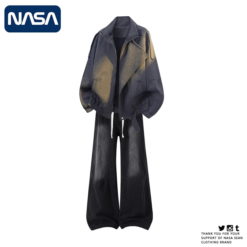 NASA男装高级感夹克休闲运动套装2025新款男生痞帅牛仔裤两件套