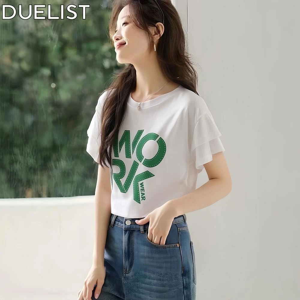 DUELIST夏季新款女短袖恤别致袖子圆领袖时尚字母印花百搭上衣女