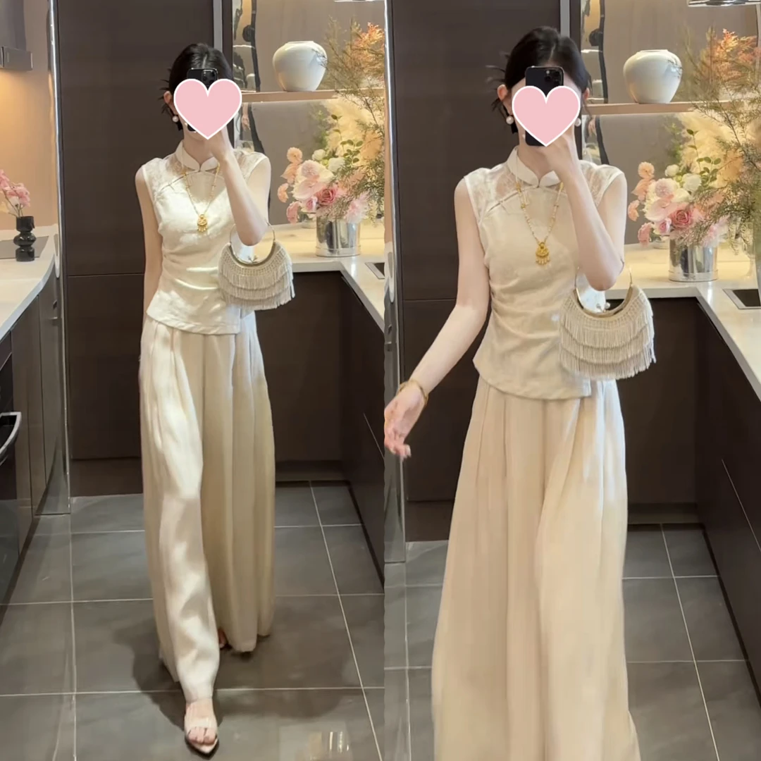 国风新中式减龄镂空无袖上衣+阔腿裤两件套女夏季新款