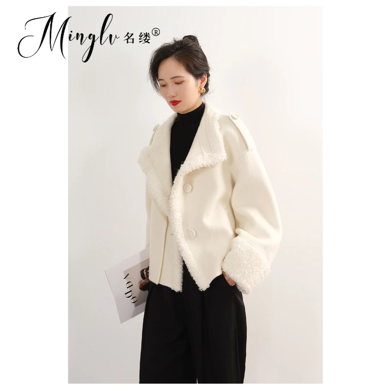 名缕女装时尚高级感轻奢气质2025冬季拼接翻领百搭短款毛呢外套女
