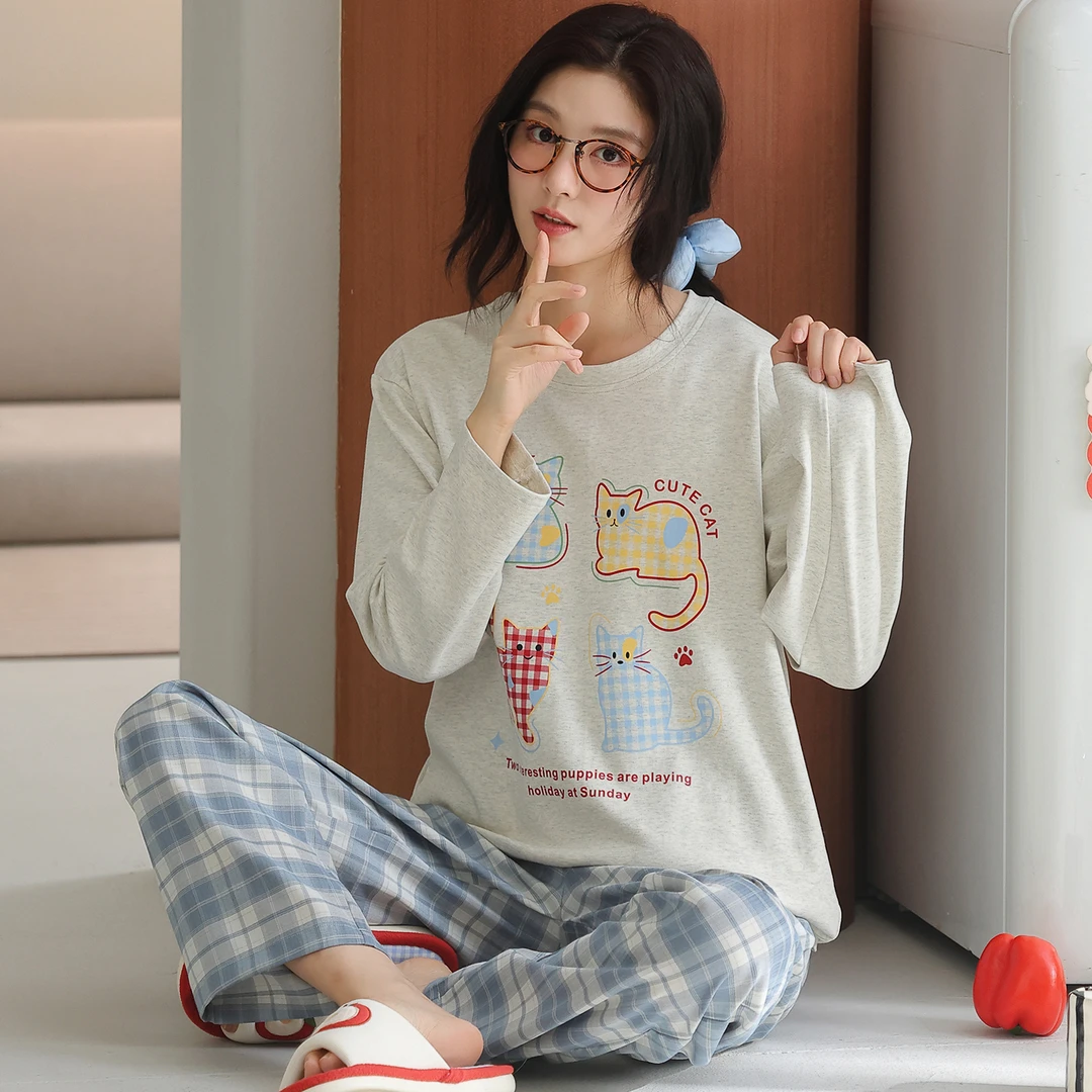 卡之恋冬彩色猫咪长袖40支紧赛精梳双面纯棉家居服【加厚全棉240g】