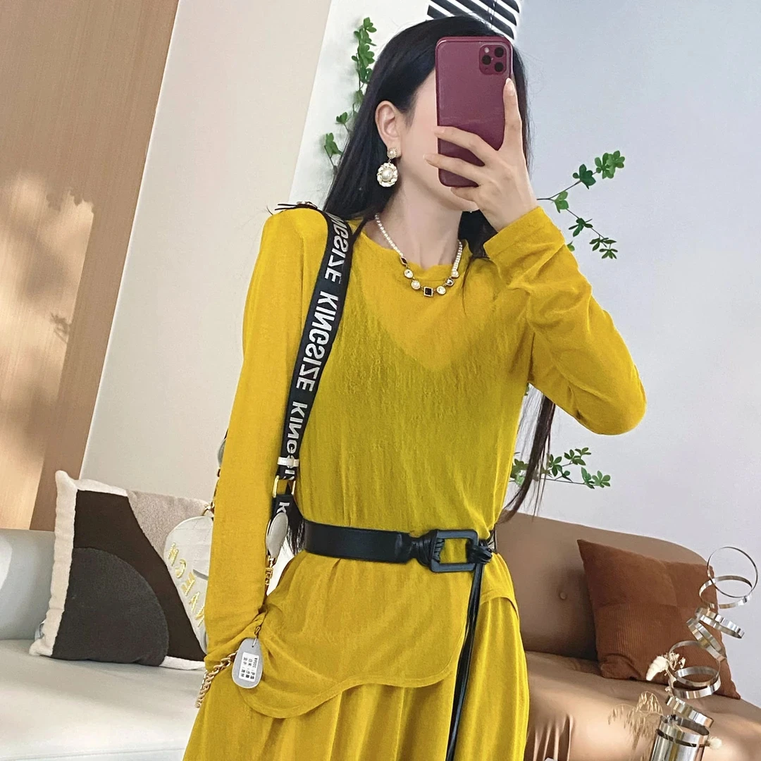 【橦颜】防晒弹力波浪边透纱上衣+松紧腰半身裙两件套（YDLS）6839