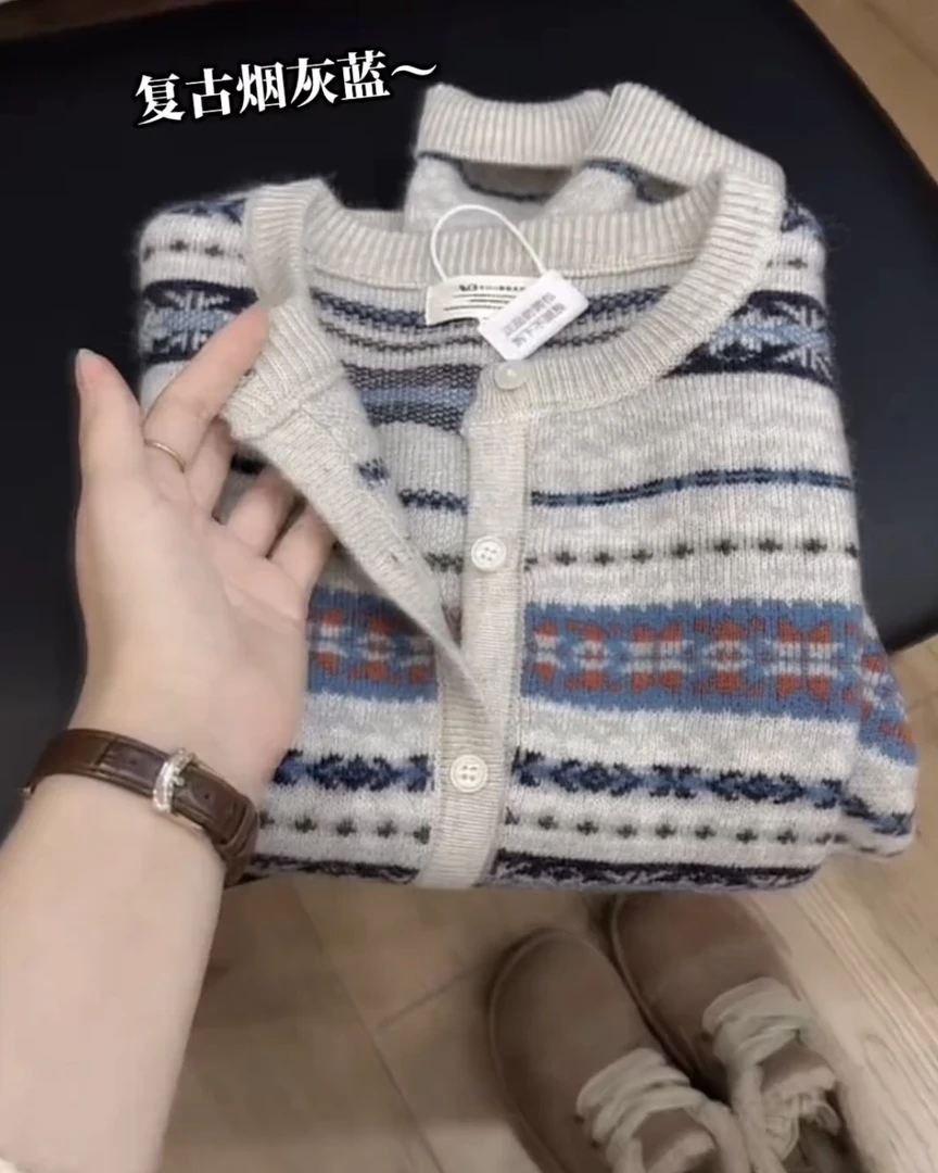 复古宽松毛衣显瘦提花针织衫2025秋季加厚圆领长袖上衣女装-C2993