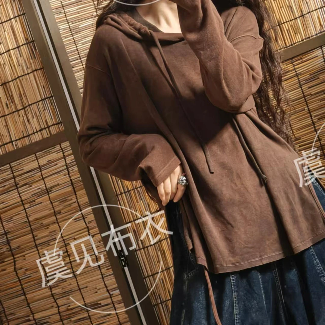 虞姑娘推荐  秋冬炒色做旧连帽侧开叉细带绒衫【衣长67胸围130】