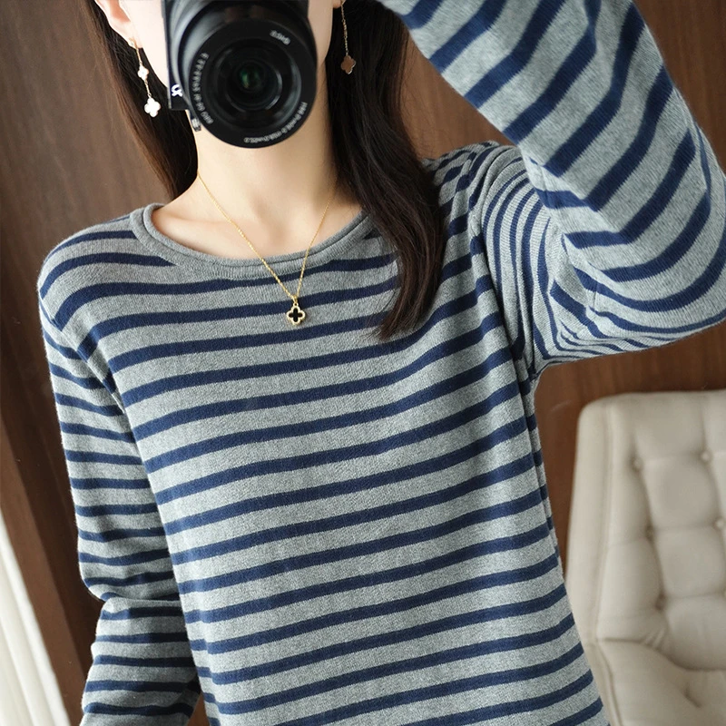 25秋季新款女撞色条纹卷边圆领纯棉毛衣针织衫简约宽松减龄打底衫