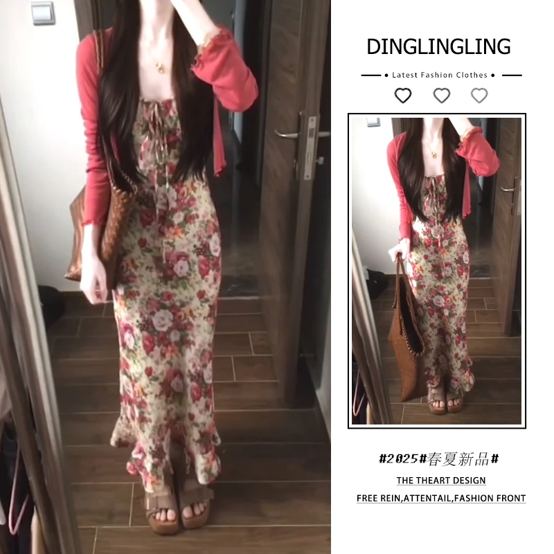 2025年春季新款韩穿搭套装女设计感甜美开衫印花吊带连衣裙两件套