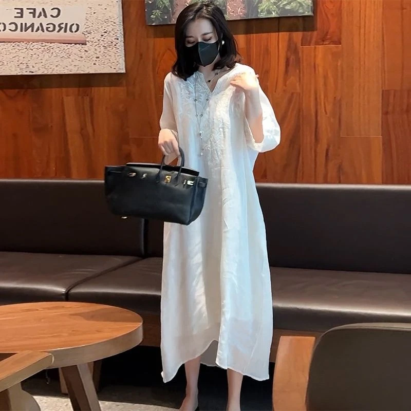 【现货+运费险】文艺气质高级透气刺绣连衣裙白色宽松显瘦长裙Y99