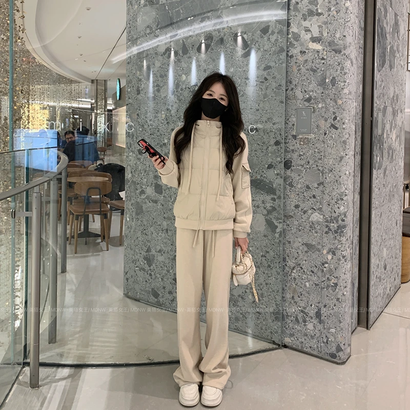 【时尚暖炉】2024设计师冬装新款羽绒卫衣外套+加绒裤子套装YR180