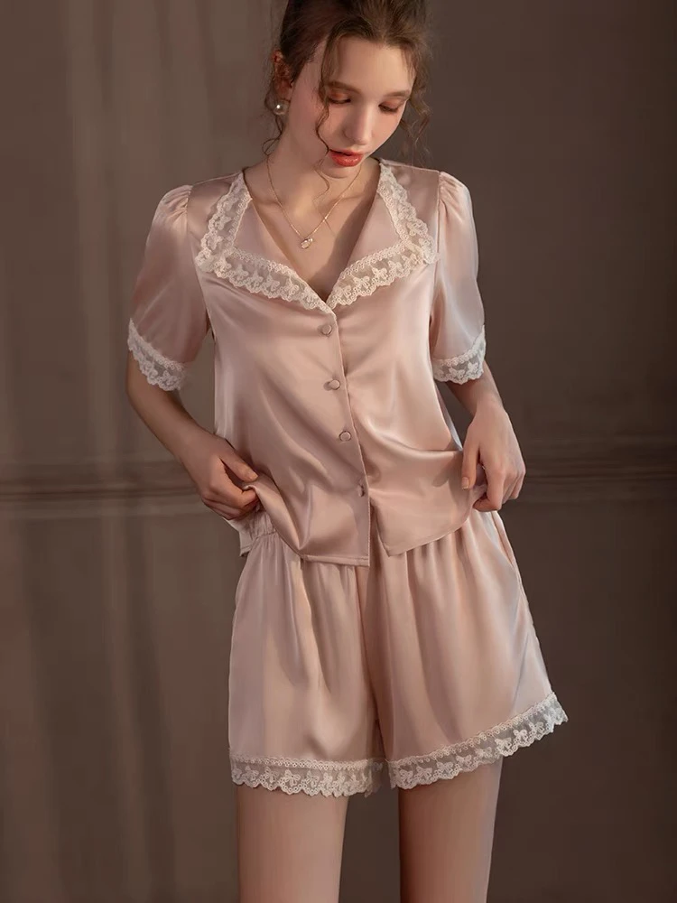 三件套装法式宫廷睡衣女士夏季短袖长裤蕾丝边家居服粉色缎面冰丝