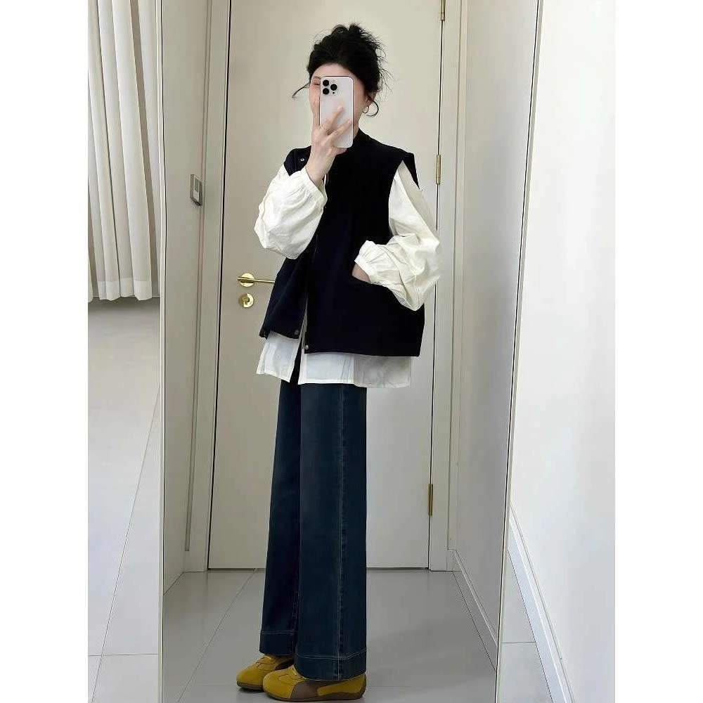 范哲萨秋季流行一整套ootd白色灯笼袖衬衫黑色马甲牛仔裤慵懒松弛