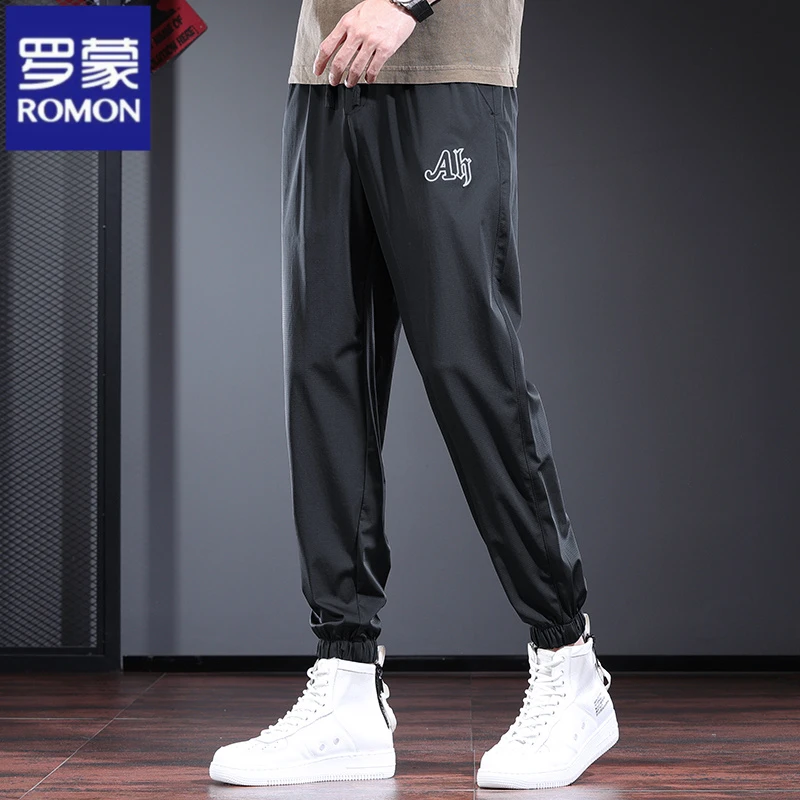 罗蒙冰丝裤男潮牌宽松束脚休闲裤夏季高弹力垂感超薄运动速干裤男