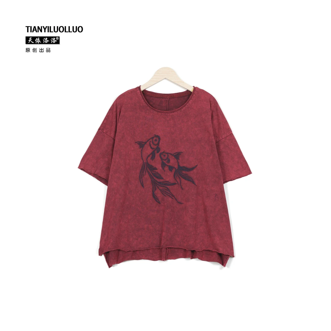 【天依洛洛】0306 双鱼炒刺绣宽松气质百搭时尚夏季休闲T恤