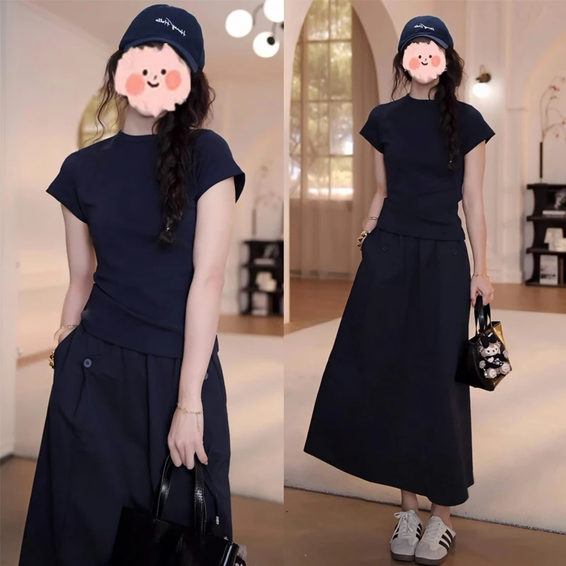 2025夏季简约纯色净版短袖T恤上衣显瘦百搭休闲半身裙气质套装女