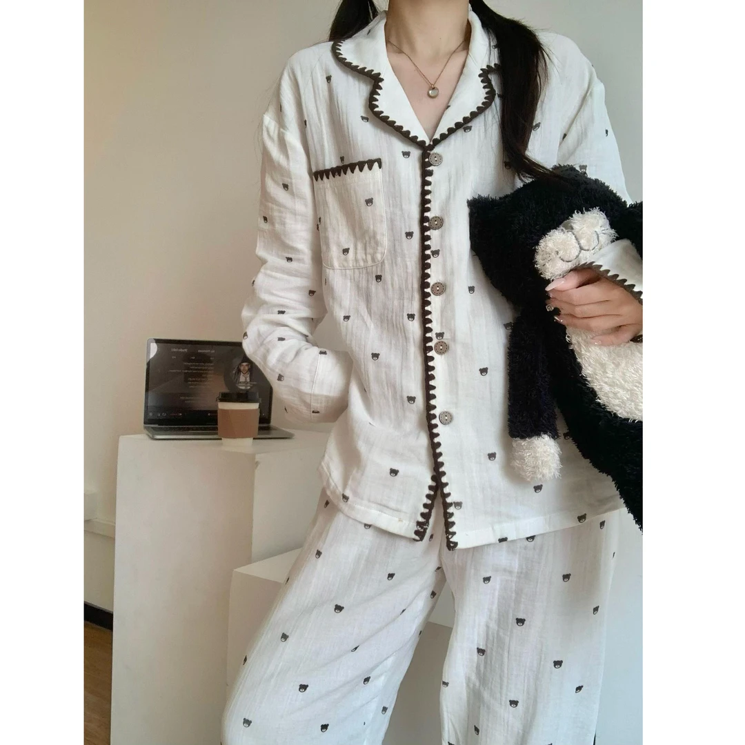 软萌小熊撞色花边睡衣女款秋季新款大码长袖长裤家居服套装可外穿