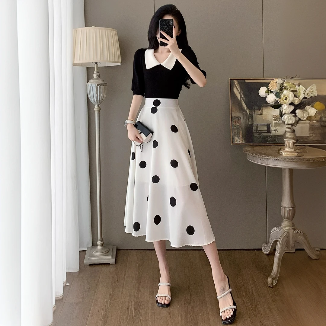 2025新款夏穿搭一整套时尚套装裙女显瘦简单大方波点半身裙两件套