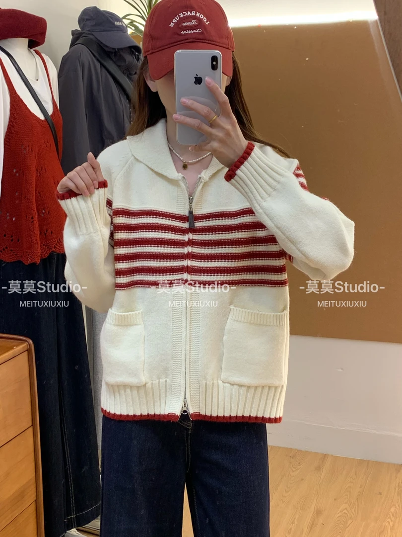 韩系慵懒风翻领条纹针织毛衣女秋季软糯正肩休闲开衫上衣601