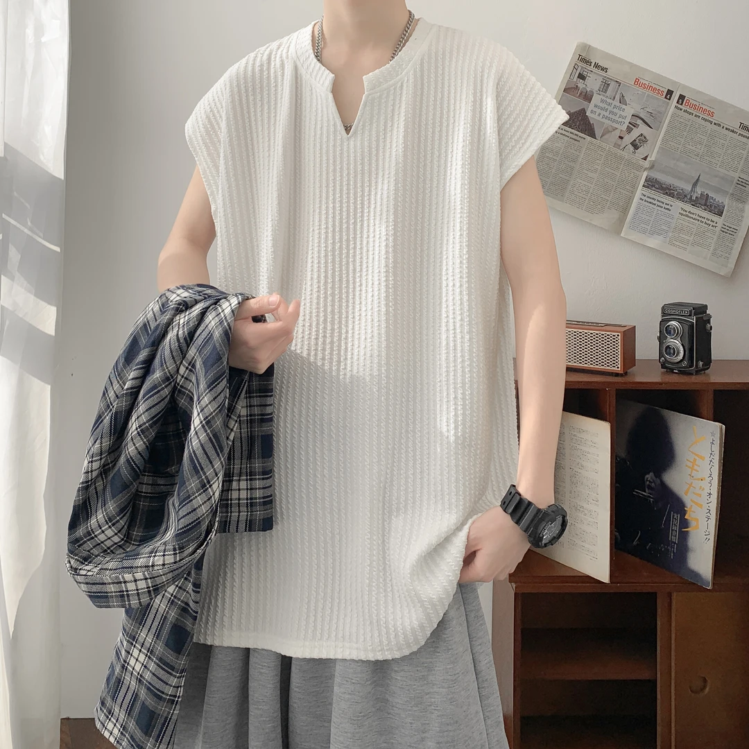 肌理感V领冰丝背心男夏季薄款美式休闲运动坎肩背心潮流宽松上衣