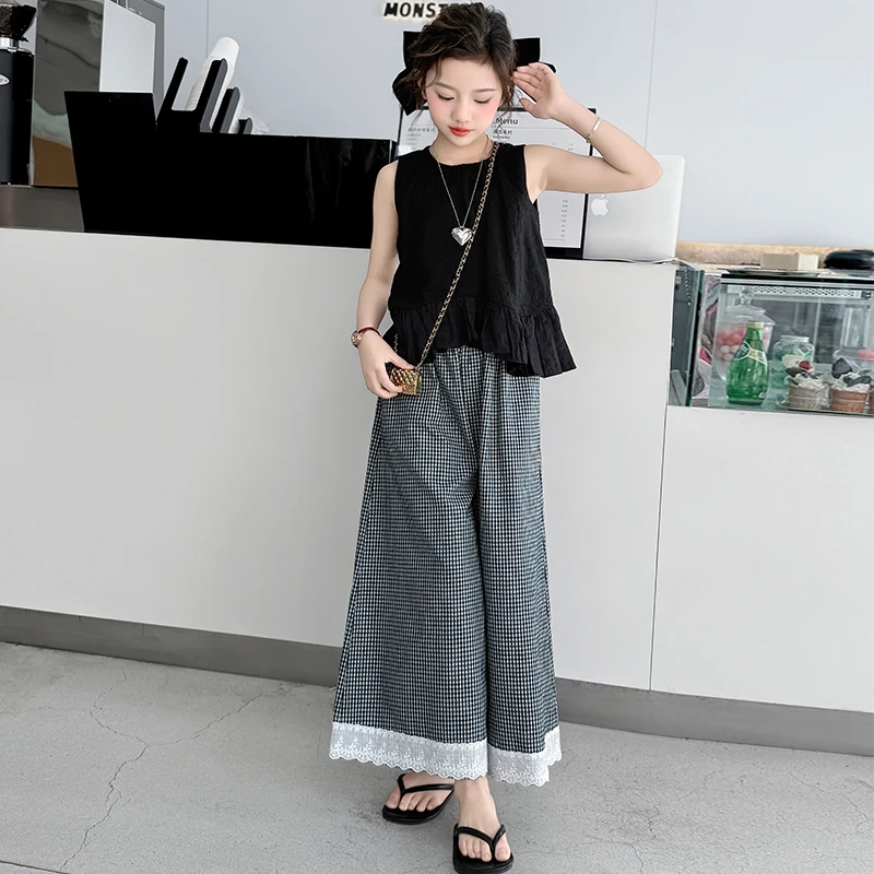 女童时髦套装2025夏季新款韩版儿童洋气格子裤背心阔腿裤两件套潮